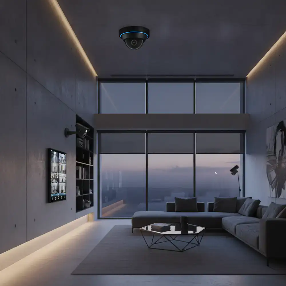 Modern home interior with advanced security camera system installed