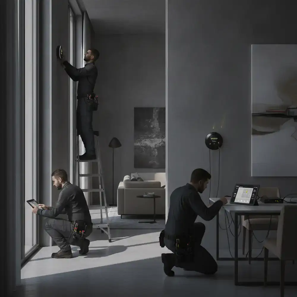 Professional security installation team setting up a smart home alarm