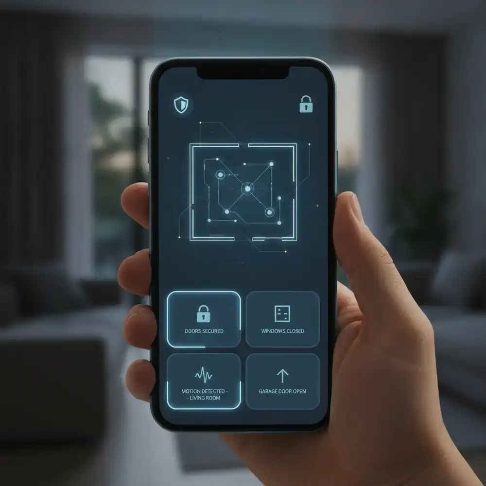 Smart home security dashboard app on mobile device