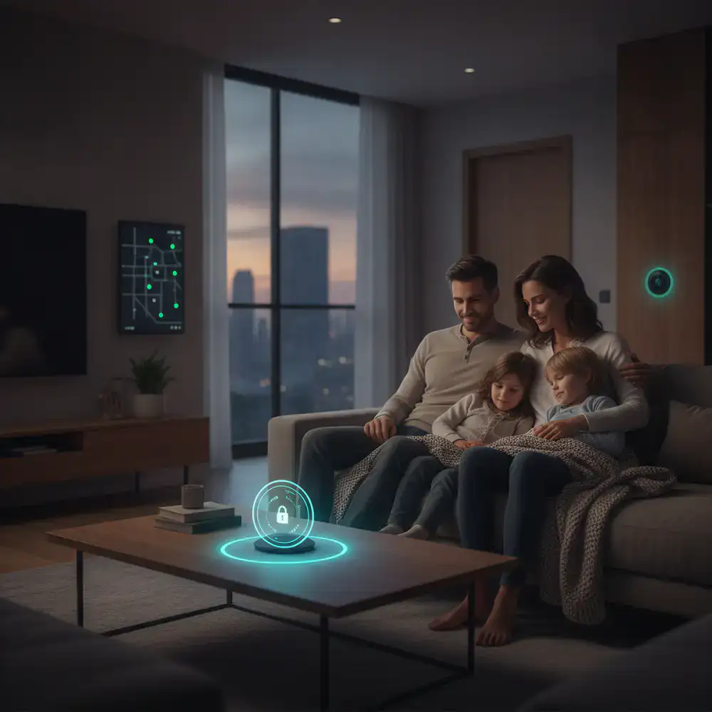 A family feeling safe at home with smart security