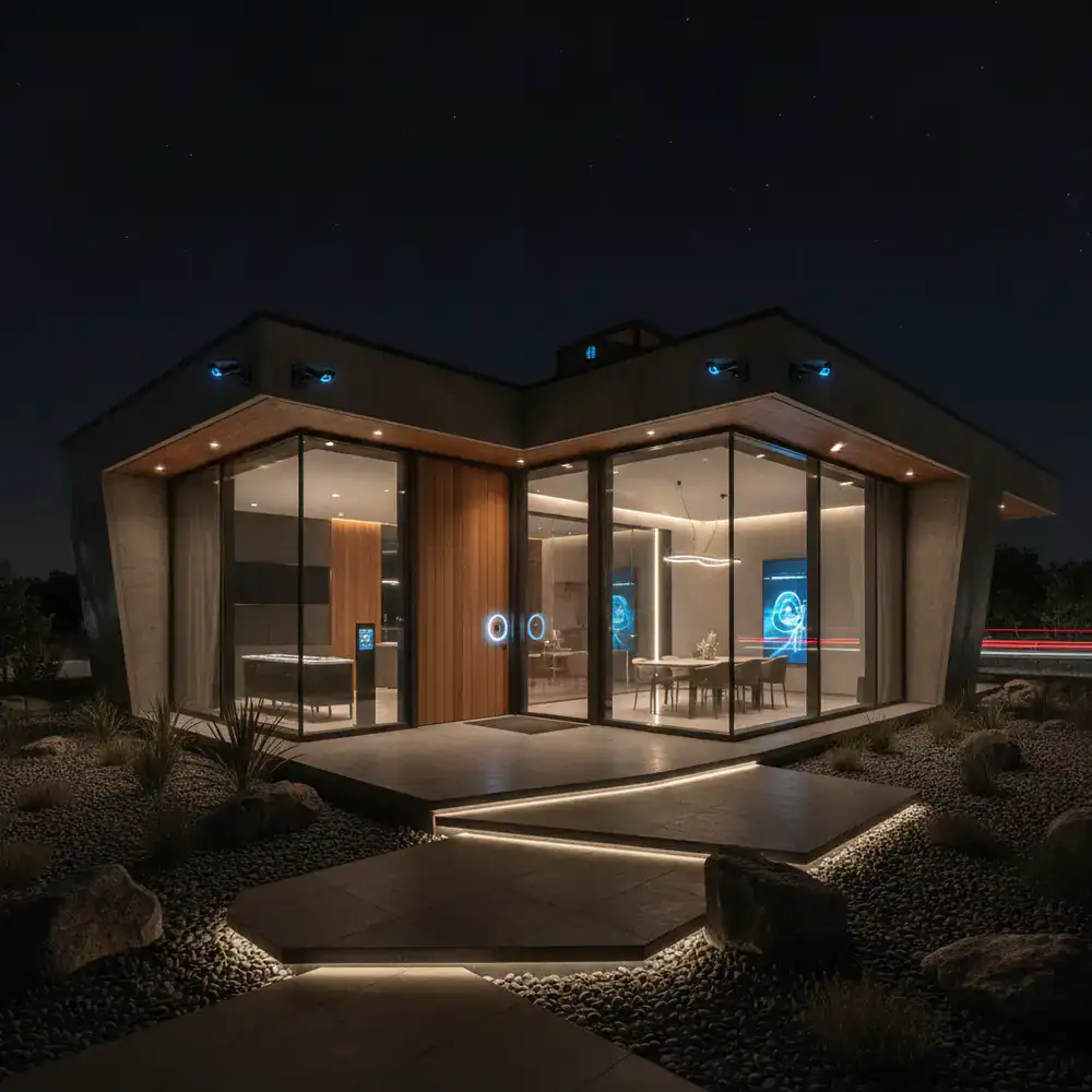 Modern smart home exterior equipped with security cameras